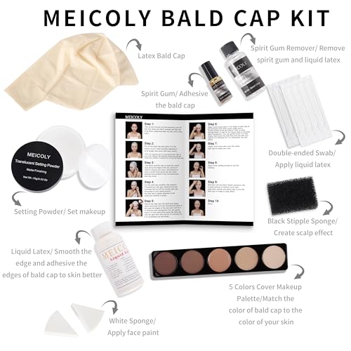MEICOLY Bald Cap Kit for Halloween & Cosplay - 10PCS SFX Makeup Set