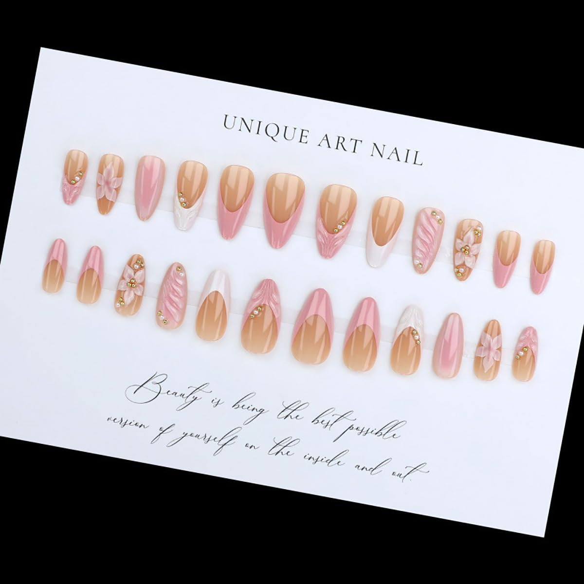 Press-On Nails - 24Pcs Pink Floral Almond French Tips with Gold Beads | Full Cover Artificial Acrylic for Women