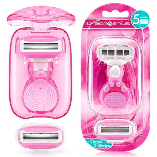 DreamGenius Travel Razors for Women, Travel Size Toiletries Include 1 Handle and 2 Cartridges, Extra Smooth 5-Blade Travel Essentials Razor with Case for Shaving, Pink