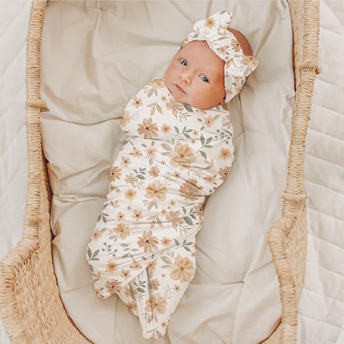 Konssy Baby Blanket & Headband Set - Soft Floral Swaddle for Newborns
