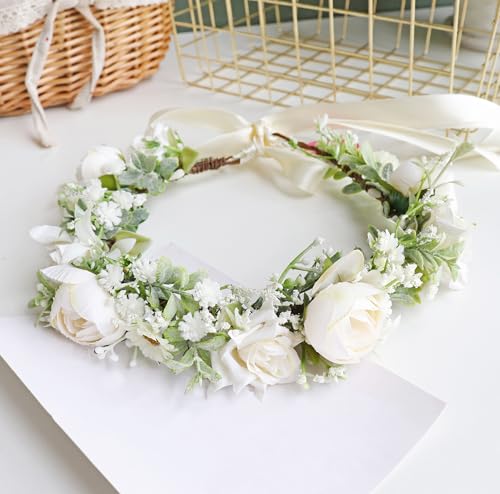 White Flower Crown Rose Floral Headband for Weddings and Parties - Adjustable Headpiece
