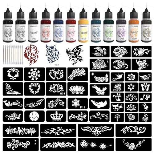 PFARRER 12-Bottle Temporary Tattoo Ink Kit with 49 Stencils