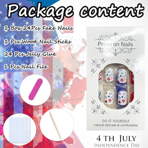LRKNNO 24Pcs 4th of July Short Press On Nails – Red White Blue American Flag With Star Design, Cute Petite Square