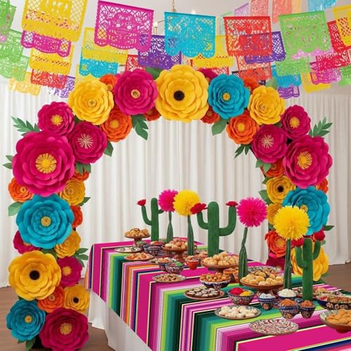 Mexican Fiesta Tablecloths - 3 Pack Disposable Striped Table Covers, 108x54 Inch