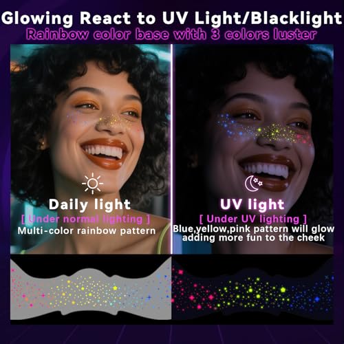 Noerrors Rainbow UV Face Tattoo Stickers Set B - 6 Glow Party Faux Freckles
