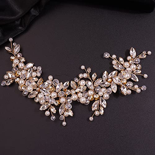 Gold Bridal Rhinestone Pearl Flower Headband for Wedding Hair