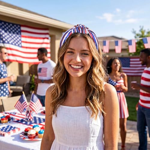 4th of July Patriotic Headband for Women Red White Blue Sequin Hair Accessory