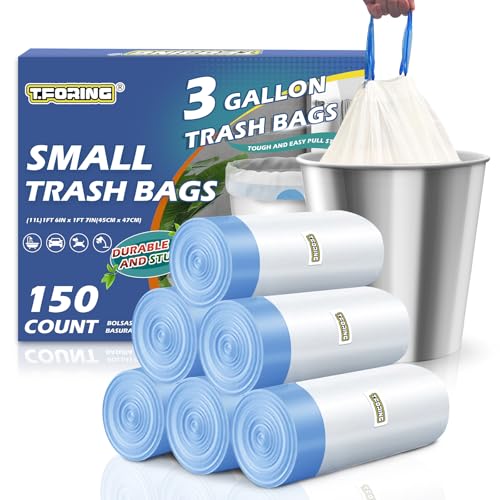 3 Gallon Drawstring Trash Bags - Heavy Duty, Leakproof, Unscented, 150 Count