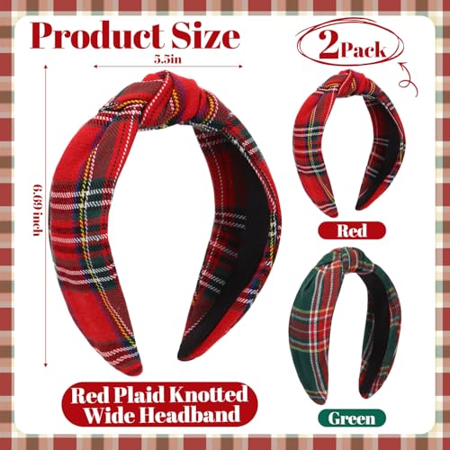 Yilloog 2 Pack Christmas Buffalo Headbands Women Knotted Twist Hair Accessories Red Green Checkered