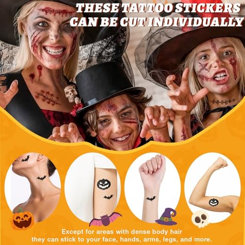 Zombie Makeup Halloween Face Tattoos Kit - 12 Sheets Fake Scars & Wounds for Kids & Adults - Realistic Blood Injury & Scratch Stickers - Halloween Costume Accessory