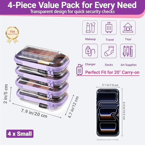 YQBRAO Clear Hard Shell Zipper Cases - 4 Small Cable Organizers, Purple