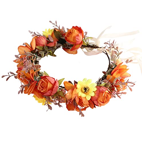 Orange Floral Crown Bridal Headband - Adjustable Boho Flower Wreath