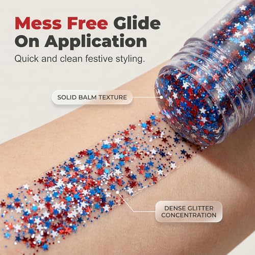 4th of July Outfits for Women,Patriotic Red White and Blue Body Glitter Stick,Sparkling Face Hair Glitter,American Flag Makeup for Independence Day Anniversary (1PC)