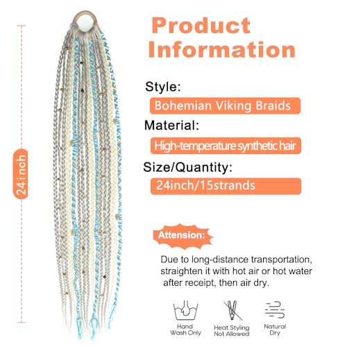 Eliza Boho Braided Ponytail Hair Extensions 24 Inch Light Grey & Turquoise Beads