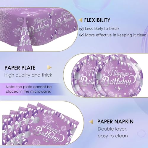 Purple Birthday Decorations Set for 20 – Elegant Tableware with Plates, Napkins & Tablecloth