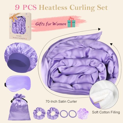 Ystrybo Heatless Curls Overnight Set - 9 PCS Satin Curlers (Purple)