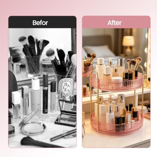 Delnor Pink Rotating Makeup Organizer Countertop 2-Tier Lazy Susan Stand