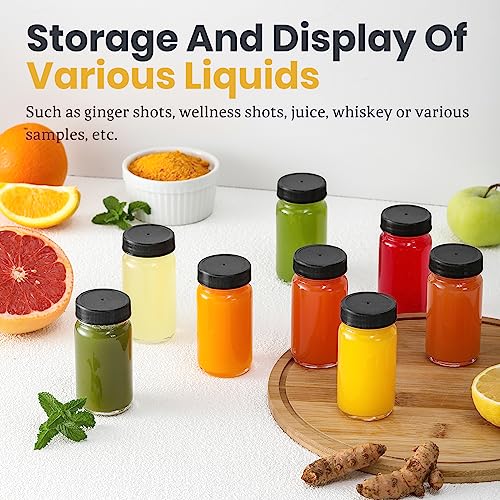 25 Pack 2 oz Glass Shot Bottles with Black Caps - Leakproof & Dishwasher Safe