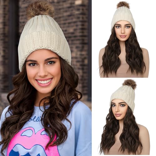 REECHO Women's Knitted Beanie Hat with 12" Chocolate Brown Hair Extension