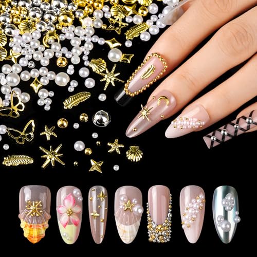 Gold Silver Nail Pearls & 3D Charms Kit for Nail Art, Embellishments