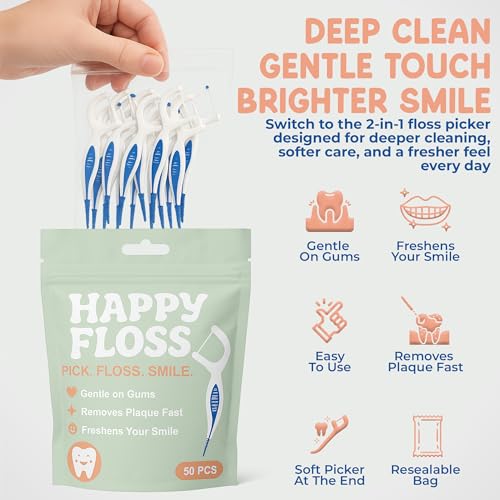 Happy Floss 2-in-1 Dental Floss Picks, Unflavored for Sensitive Gums, 150 Ct