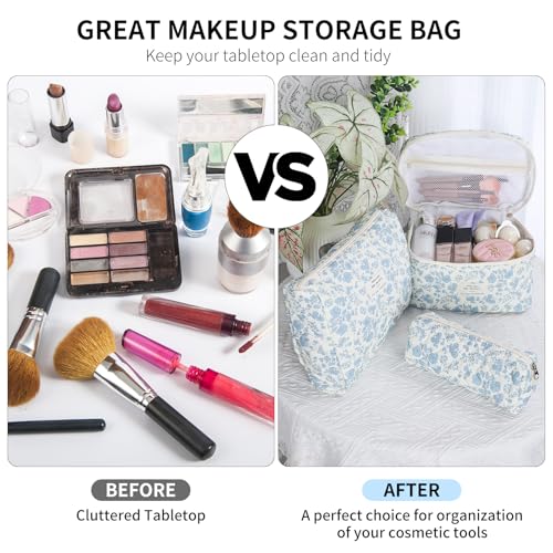 senbowe Blue-White Floral Makeup Bag Set - 3 Pack Cotton Organizer