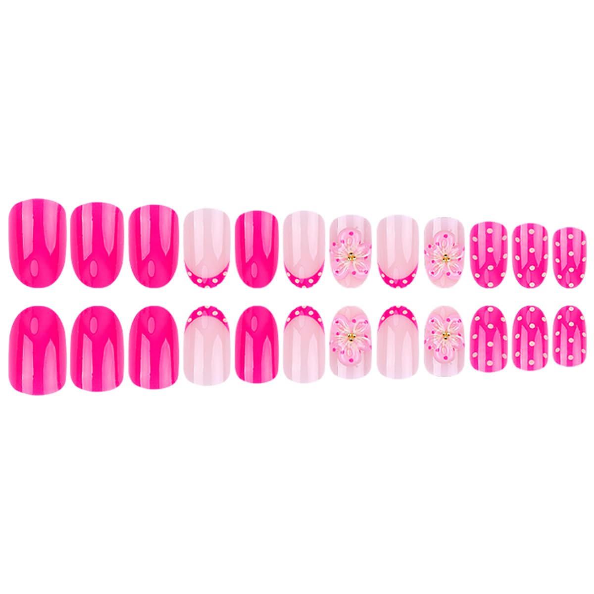 LRKNNO Short Almond Press on Nails Hot Pink Fake Nails with Polka Dot Design 3D Flower Acrylic Nails Reusable Full Cover Glue on Nails Cute Pink French Tip False Nails for Women Girls Daily Wear 24Pcs