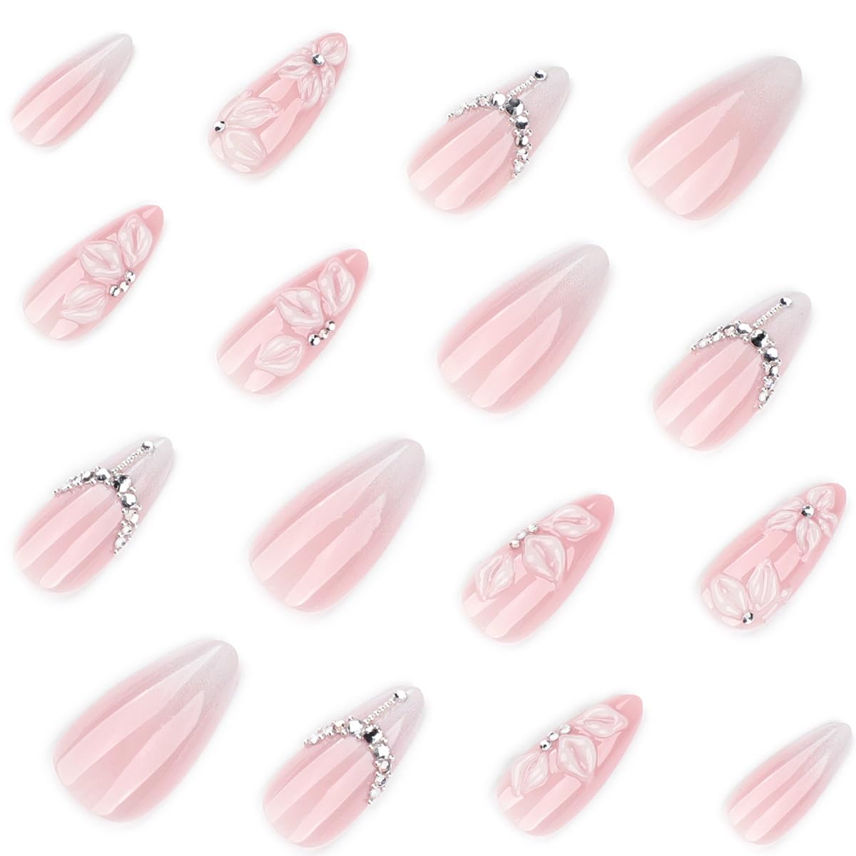 French Tip Press-On Nails - 24Pcs Medium Almond Design with Silver Rhinestones & 3D Flowers | Nude Pink Full Cover
