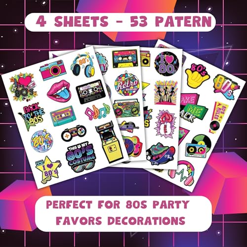 53 PCS 80s Temporary Tattoos for Kids Party Favors