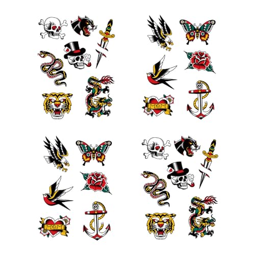 Anchor Skull Swallow Temporary Tattoos - Set of 4, Waterproof