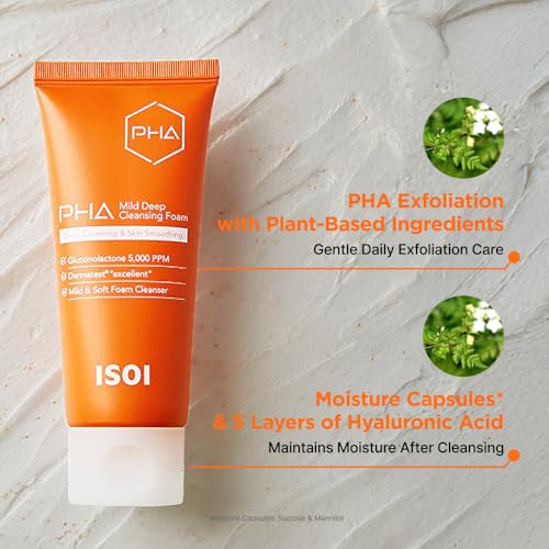ISOI PHA Mild Deep Cleansing Foam - Gentle Daily Face Cleanser for Sensitive Skin, 3.38 fl oz