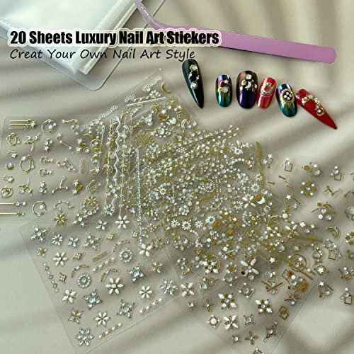 20 Sheets Gold & Diamond 3D Nail Art Stickers, Luxury Self-Adhesive Decals for Nails