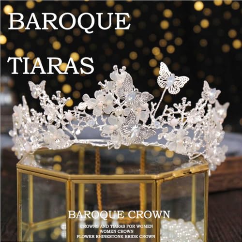 Silver Rhinestone Butterfly Crown Tiara for Women - Baroque Bridal Headpiece