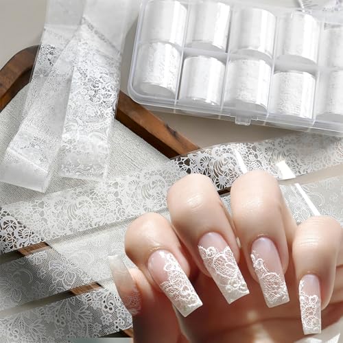 MOLILON 10 Rolls White Lace Nail Foil with Holographic Patterns