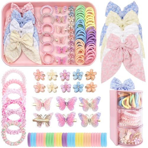 Girls Hair Accessories Kit 76-Piece Set with 3-Tier Rotating Pink Organizer
