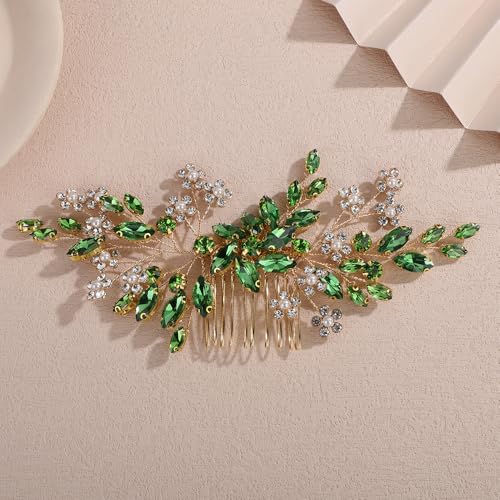 Rumtock Emerald Bridal Hair Comb Handmade Gold Wedding Hair Accessory for Women