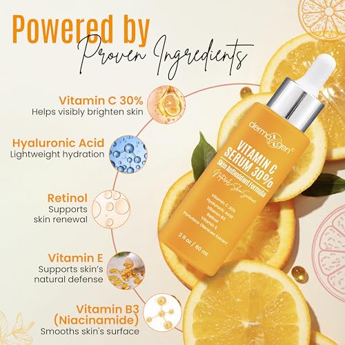 DERMAXGEN 30% Organic Vitamin C Serum for Face – 2 Fl Oz Anti-Aging Moisturizer with Hyaluronic Acid & Vitamin E