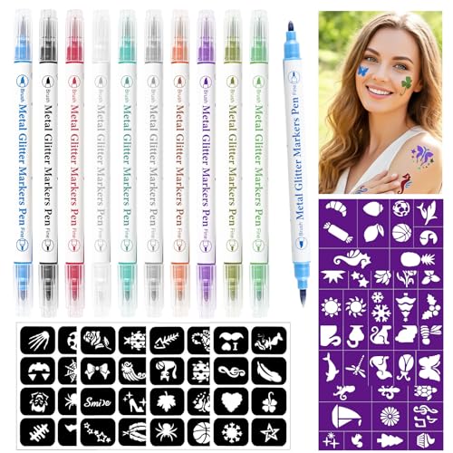 Temporary Tattoo Kit with 10 Markers & 72 Stencils - Safe & Easy Use