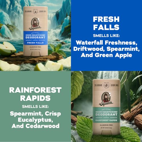 Dr. Squatch Natural Men¡¯s Deodorant ? Aluminum Free Natural Deodorant Men with Charcoal & Postbiotics for 72-Hour Odor Protection ? Rainforest Rapids + Fresh Falls, 2.65oz Stick (2-Pack)