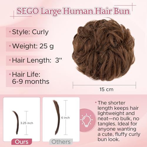 SEGO 25g Human Hair Messy Bun Hairpiece - Wavy Curly Updo in Medium Chocolate Brown