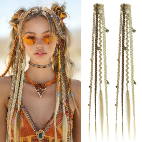 Toilswirl 16 Inch Medium Blonde Boho Clip-In Braids with Charms & Beads - Festival Hair Extensions