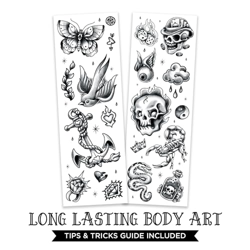 Savvi Temporary Tattoos - 20 Black & Gray Skin-Safe Designs (2 Sheets)