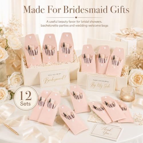 12-Piece Travel Makeup Brush Set with Ivory Beige Pouches - Ideal Bridesmaid Gifts