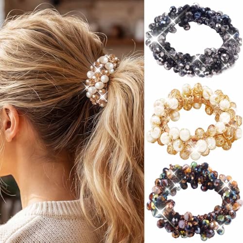 Unicra Pearl & Rhinestone Hair Ties Beaded Scrunchies Pack of 3 for Women