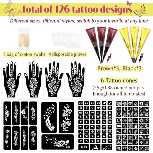 MuseLuxe 126 PCS Temporary Tattoos Stencils Kit,Temporary Tattoos Kit - 6 Pcs 2 Color(Brown Black) Ink with Gloves,DIY Body Art Painting for Women Men Adults Kids