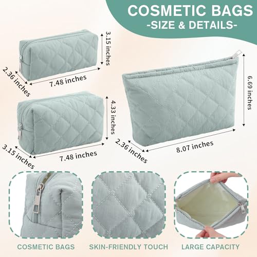 3-Piece Quilted Puffy Makeup Bag Set - Soft Travel Toiletry Pouch Organizer