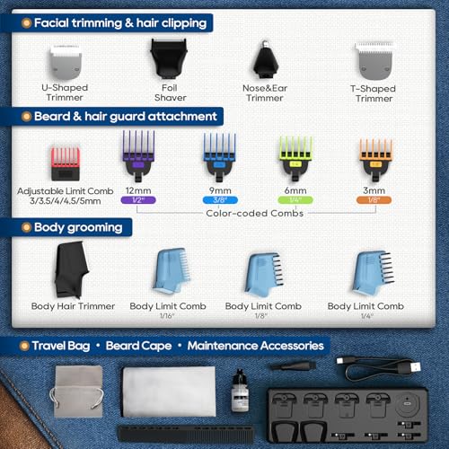 Beard Trimmer for Men, Magnetic Snap-on Replacement Heads & Charging Dock, IPX7 Waterproof Cordless Hair Clippers, Mens Grooming Kits for Mustache/Body/Face/Ear/Nose, Gray