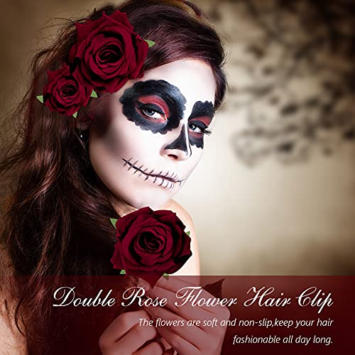Wine Red Rose Hair Clips & Brooches Set for Weddings & Bridal | Floral Accessories for Women