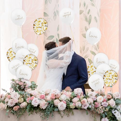 50 Engagement Balloons Set - He Asked, She Said Yes, Love & Gold Confetti