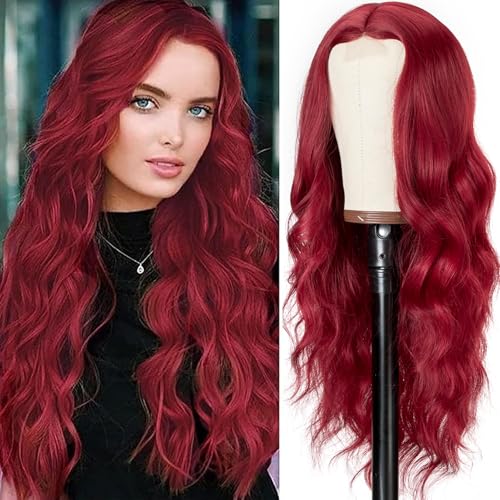 MYQUEEN 26-Inch Red Wavy Lace Front Wig for Women - Glueless Long Curly Synthetic Hair